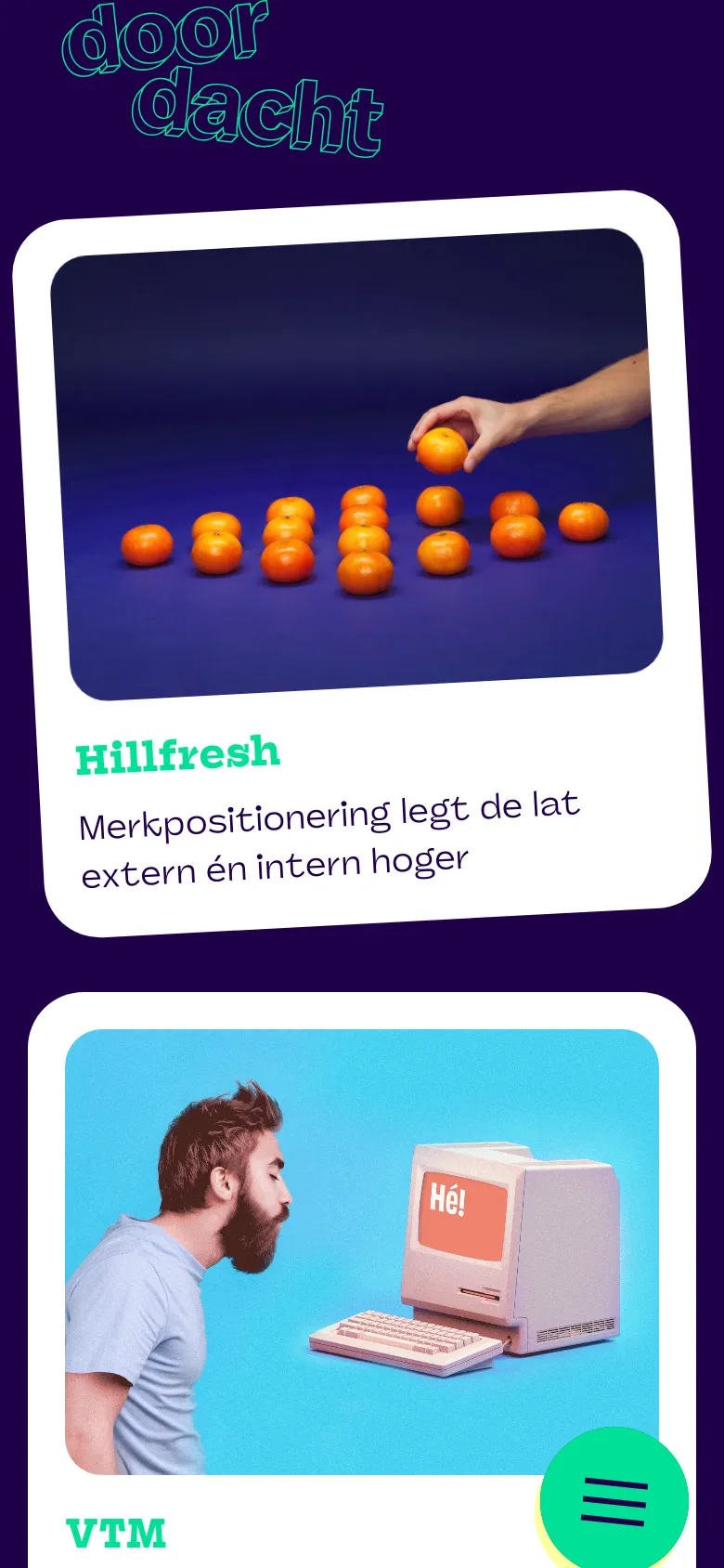 The mobile version presents a single-column vertical layout of the project cards on a dark purple background. The cards are larger and stacked, showing a project image, a teal title, and a brief description. The teal menu button is positioned prominently in the bottom right corner.