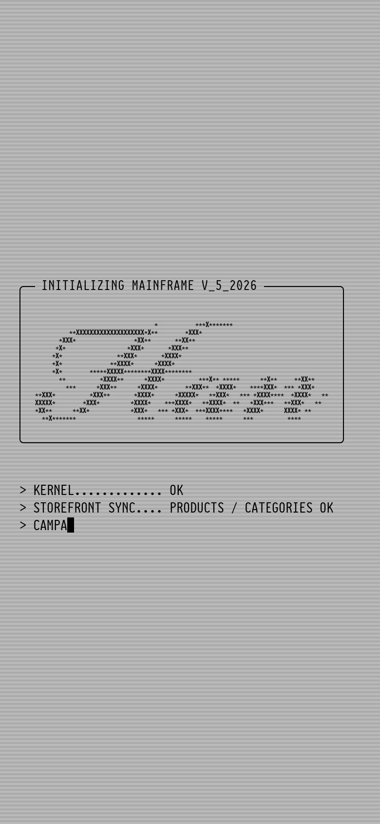The mobile view maintains the retro terminal aesthetic with monospaced text on a grey background. The layout is vertically oriented, displaying the same ASCII art and system status messages as the desktop version, but scaled for a narrow screen.