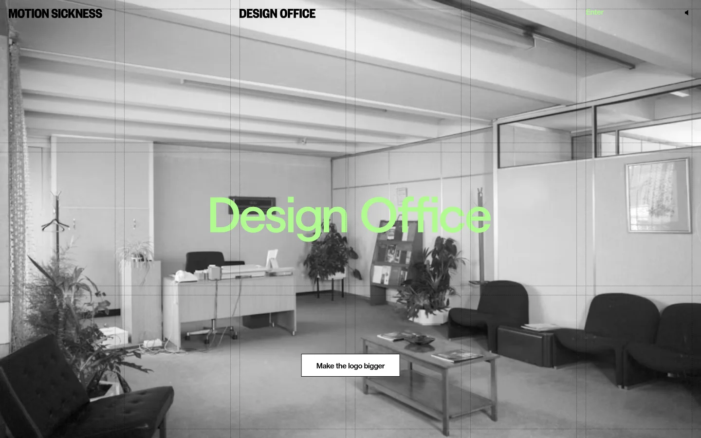 A minimalist desktop landing page featuring a large, black-and-white photograph of a retro-style office space with a grid overlay. Large lime green text reading 'Design Office' is centered over the image, with 'MOTION SICKNESS' and 'DESIGN OFFICE' in black headers at the top and a white 'Make the logo bigger' button at the bottom.