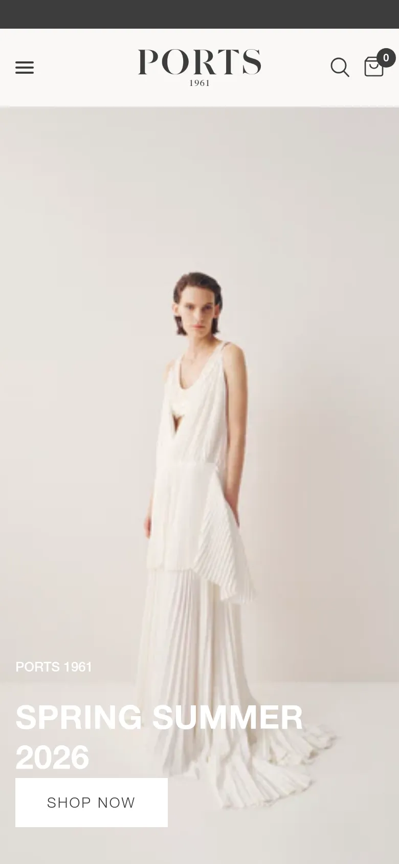 The mobile version displays a simplified header with a hamburger menu icon on the left, the PORTS 1961 logo in the center, and search and shopping bag icons on the right. The hero section features the same model in a white dress with the 'SPRING SUMMER 2026' text and 'SHOP NOW' button stacked vertically over the image.