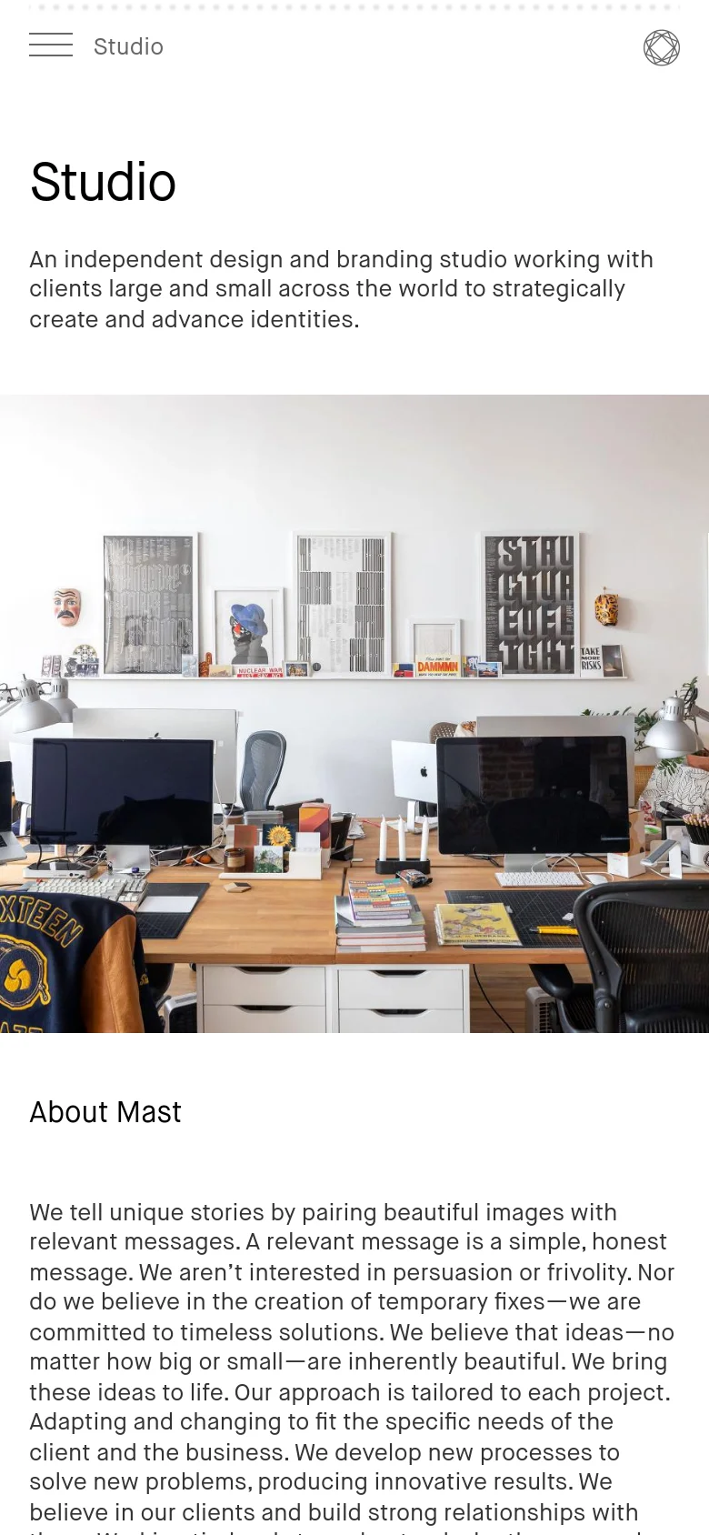 The mobile version uses a vertical stack layout with a hamburger menu and 'Studio' text in the header. The 'Studio' headline and mission statement appear at the top, followed by the same wide office hero image which is scaled to fit the narrower screen width.