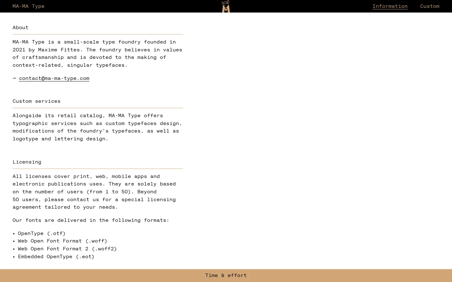 The desktop version features a minimalist design with a black header containing the foundry name, a central logo, and navigation links for Information and Custom. The main content area is white with black serif text, organized into sections like About, Custom services, and Licensing, separated by thin horizontal lines.