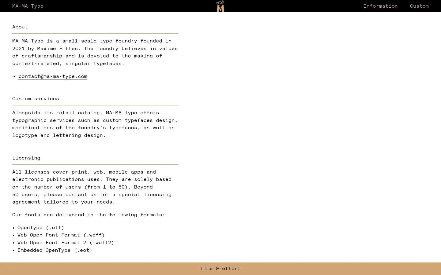 The desktop version features a minimalist design with a black header containing the foundry name, a central logo, and navigation links for Information and Custom. The main content area is white with black serif text, organized into sections like About, Custom services, and Licensing, separated by thin horizontal lines.