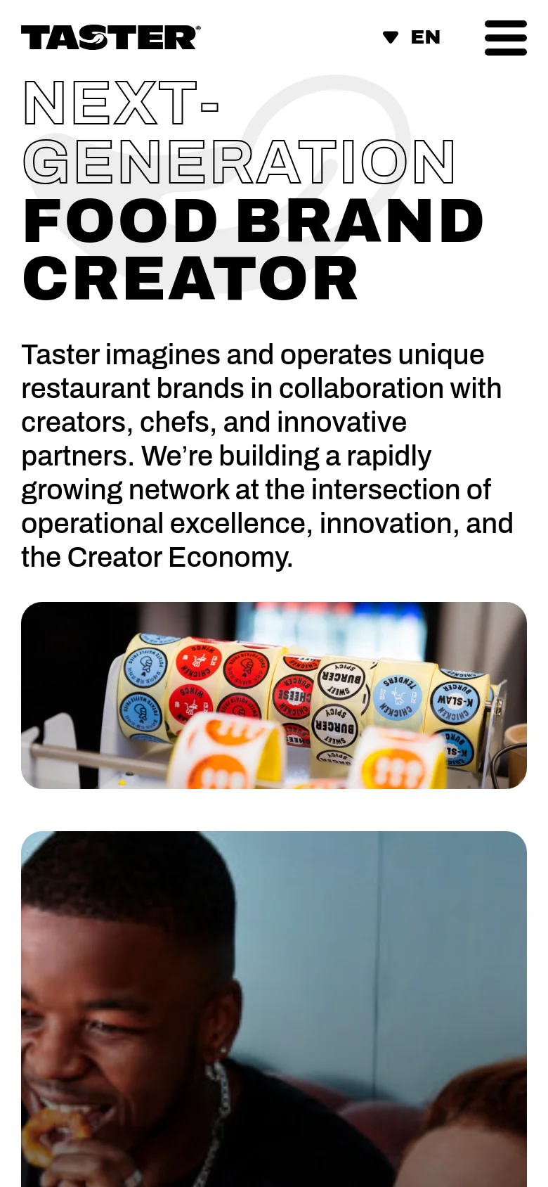 The mobile version simplifies the layout into a single vertical column, moving the navigation links into a hamburger menu icon. The large headline 'NEXT-GENERATION FOOD BRAND CREATOR' dominates the top of the screen, followed by the descriptive text and the images stacked vertically.