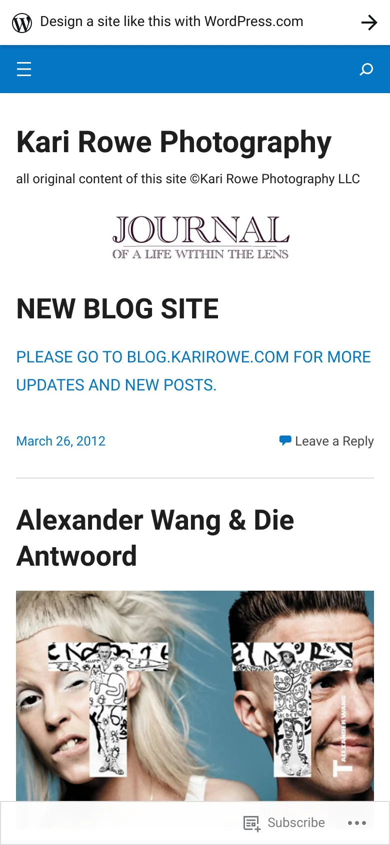 The mobile version presents a single-column layout with a blue header containing a hamburger menu icon and a search icon. The site title and logo are stacked vertically above the main content, which consists of large headlines and full-width images for blog posts like 'New Blog Site' and 'Alexander Wang & Die Antwoord'. Navigation and category sidebars from the desktop version are hidden within the menu.