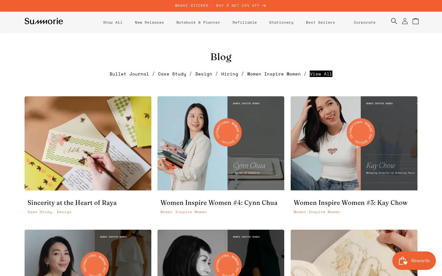 The desktop Blog page features a clean, minimalist layout with a white background and black serif typography. A horizontal list of category links like 'Bullet Journal' and 'Case Study' sits below the main 'Blog' heading, followed by a grid of large rectangular blog post cards containing high-quality imagery, titles, and category tags.