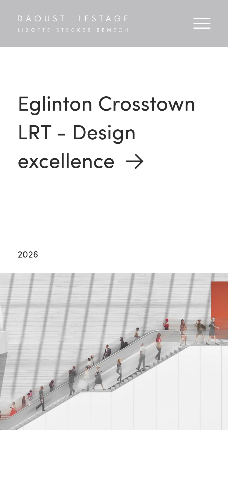 The mobile version simplifies the layout, replacing the top navigation with a large hamburger menu icon in the upper right. The hero section features large, bold text for project titles like 'Eglinton Crosstown LRT - Design excellence' overlaid on high-quality architectural imagery. The content is stacked vertically to accommodate the smaller screen width.