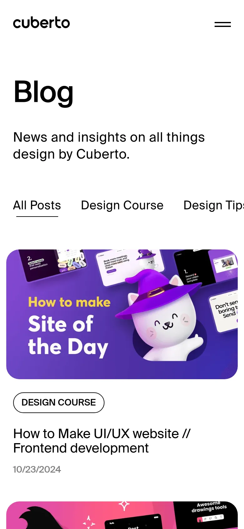The mobile version of the blog page maintains the white background and large 'Blog' heading but uses a simplified layout. The category filter is presented as a horizontally scrollable list, and the blog posts are stacked vertically in a single column, with large full-width images followed by the category, title, and date.