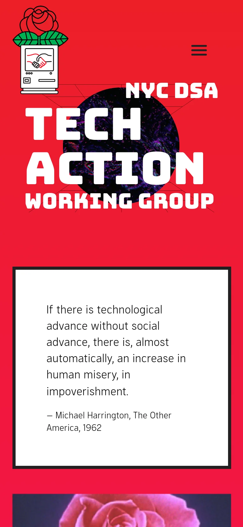 The mobile version uses the same red and white color scheme but features a simplified layout with a hamburger menu icon at the top right. The central graphic and large 'TECH ACTION WORKING GROUP' text are stacked vertically to fit the narrow screen, and a white content card below displays a quote by Michael Harrington.