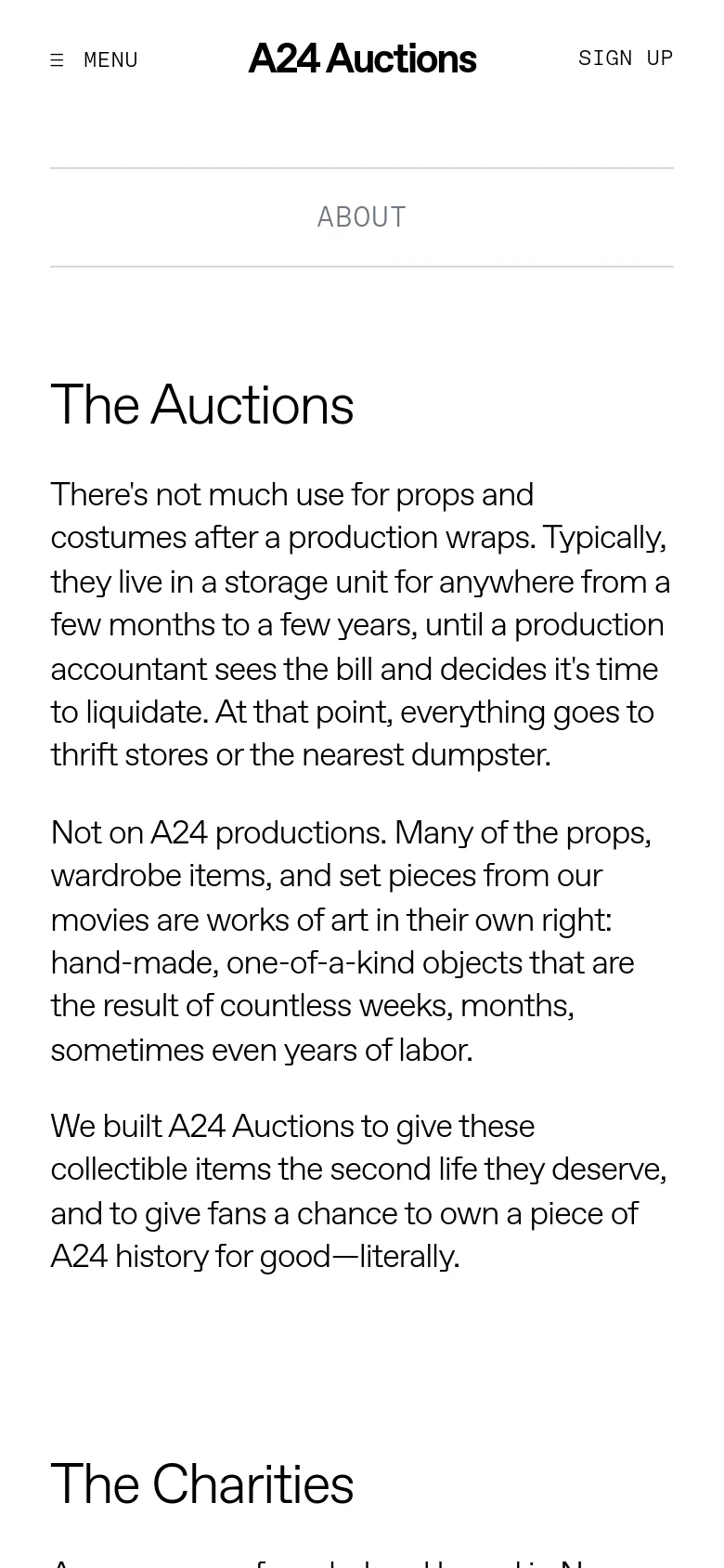 The mobile version maintains the minimalist black-on-white aesthetic but shifts to a single-column vertical layout for readability. The navigation is condensed into a hamburger menu icon, and the large serif headings are centered or left-aligned to fit the narrower screen width.