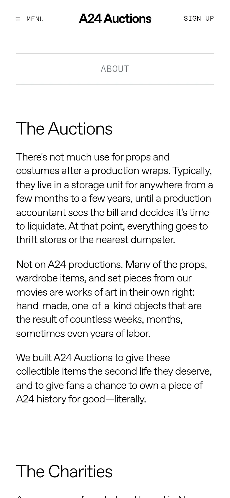 The mobile version maintains the minimalist black-on-white aesthetic but shifts to a single-column vertical layout for readability. The navigation is condensed into a hamburger menu icon, and the large serif headings are centered or left-aligned to fit the narrower screen width.