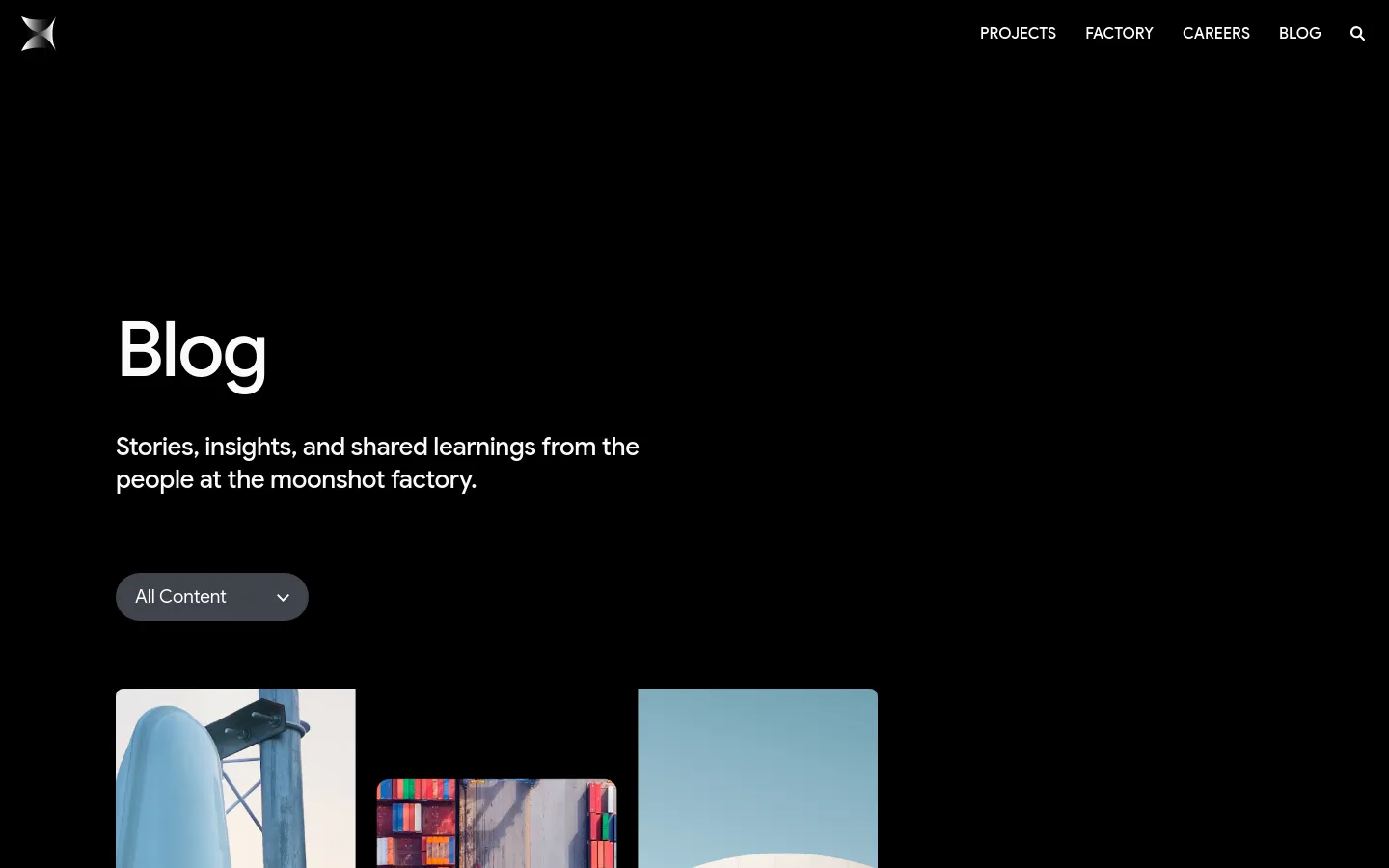 The blog page features a dark theme with a large white 'Blog' headline and a subheadline describing the content. Below a category dropdown menu, a grid of blog posts is displayed, each consisting of a large rectangular image and a title, such as 'Bringing Moonshots to Market'.