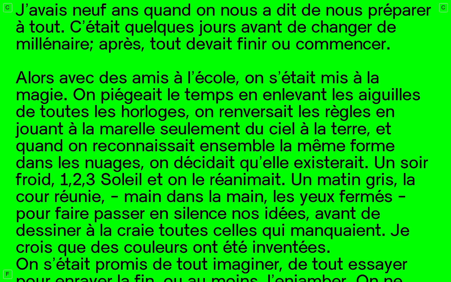 The desktop version features a minimalist layout with a bright green background and large, black sans-serif text. Navigation links for 'Close', language options, and a color palette selector are positioned at the top, while the main body consists of long-form poetic text.