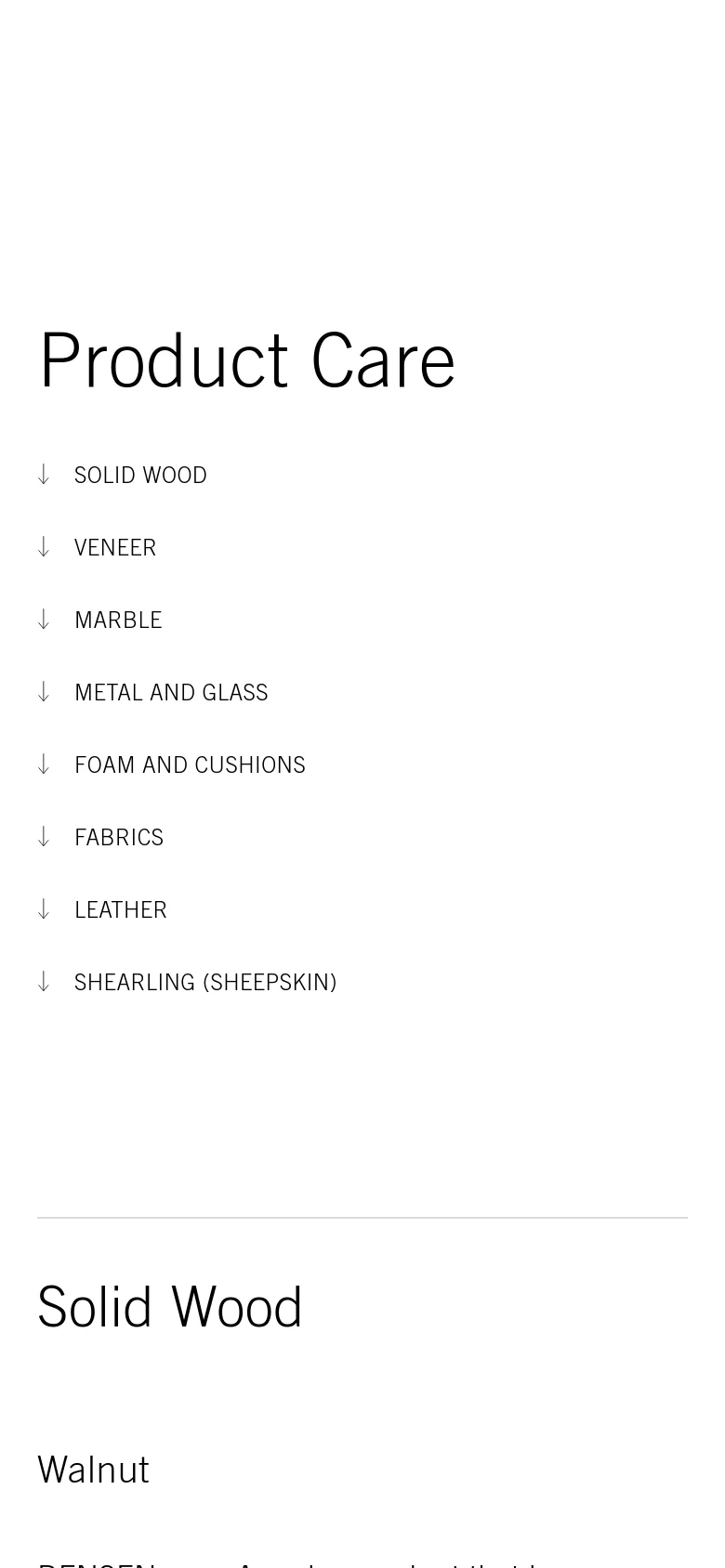 The mobile version simplifies the layout into a single vertical column, placing the 'Product Care' headline at the top followed by the list of material categories. The navigation and content are stacked vertically, removing the side-by-side arrangement seen on desktop to accommodate the smaller screen.