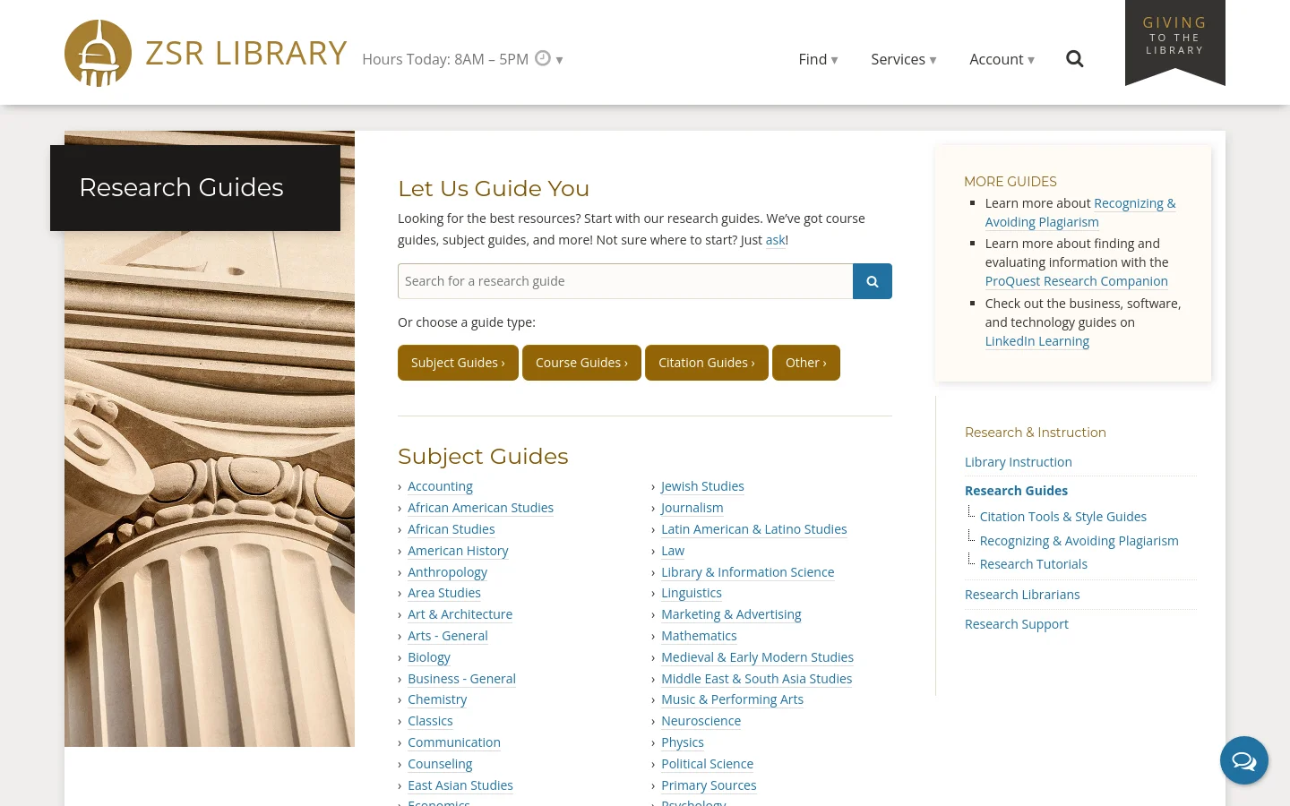 The Research Guides desktop page features a clean white layout with a header containing the ZSR Library logo and navigation menus. A large hero section displays the title 'Research Guides' over a background image of architectural stone details. Below, a search bar and four brown call-to-action buttons allow users to filter by guide type, followed by a multi-column list of subject guides and a sidebar for additional resources.