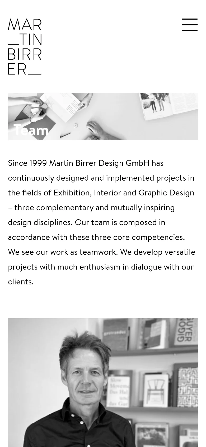 The mobile version simplifies the layout into a single vertical column. The black and white hero image appears at the top, followed by the introductory text, and then the team member portraits are stacked vertically instead of in a grid.