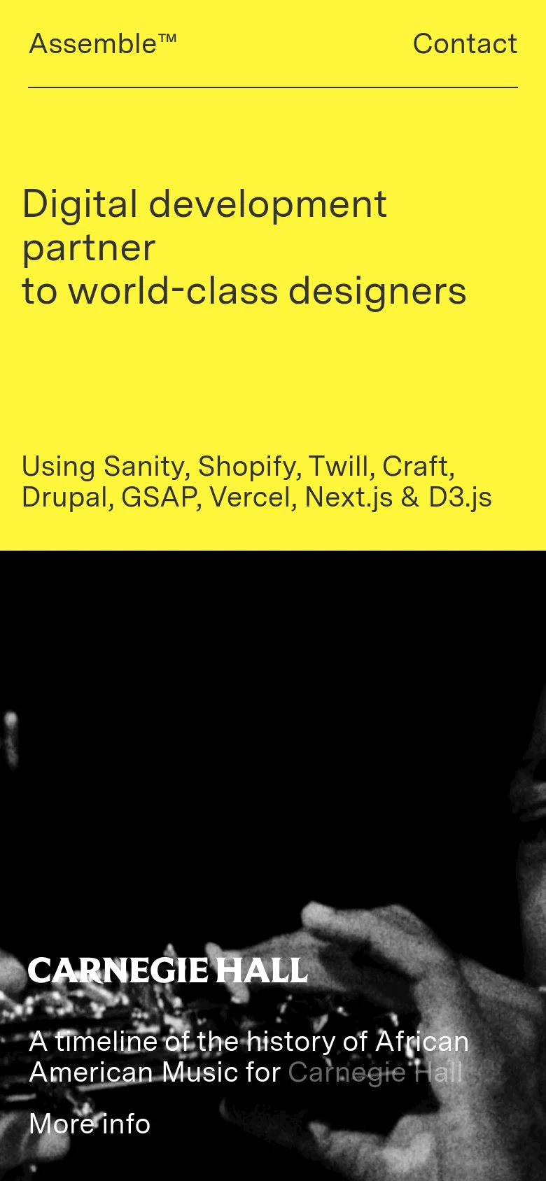 The mobile version maintains the high-contrast yellow and black color scheme but uses a stacked vertical layout. The header and hero text are centered or left-aligned to fit the narrow screen, and the project showcase transitions from a multi-column grid to a single-column list of large, full-width image cards.