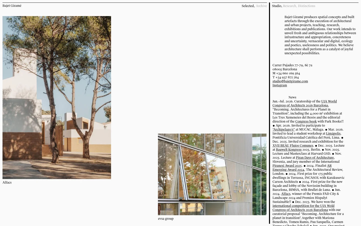The desktop homepage features a minimalist white layout with a large vertical hero image of a modern white building framed by pine trees on the left. To the right, a text section describes the studio's mission, followed by contact information and a news list. A grid of project images with titles and awards appears below the main section.