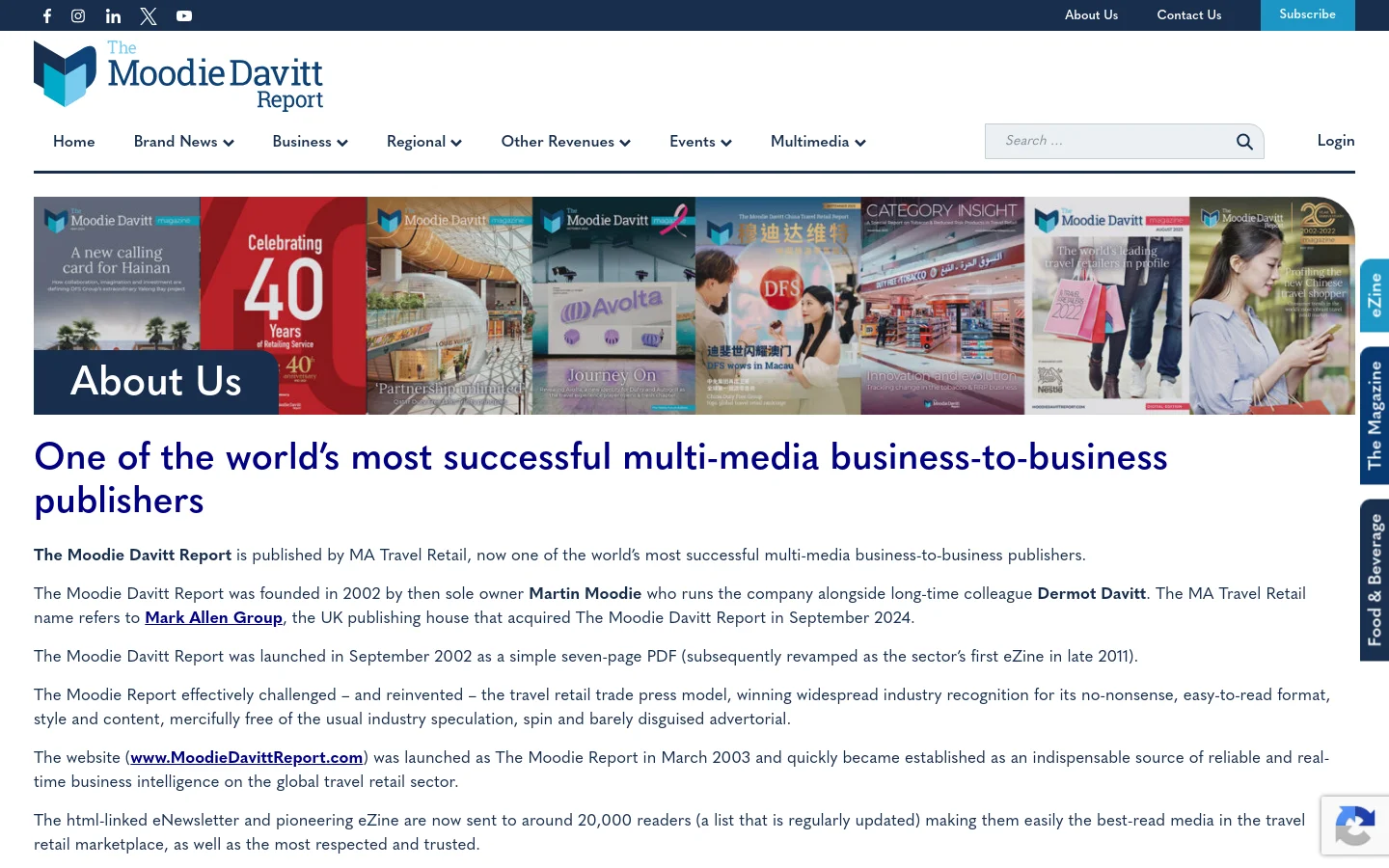 The desktop About Us page features a wide hero banner displaying a collage of various magazine covers. Below the banner, a large headline reads 'One of the world’s most successful multi-media business-to-business publishers' followed by several paragraphs of text on a white background. The navigation menu is at the top with links for Home, Brand News, Business, and other categories, alongside a search bar and login button.