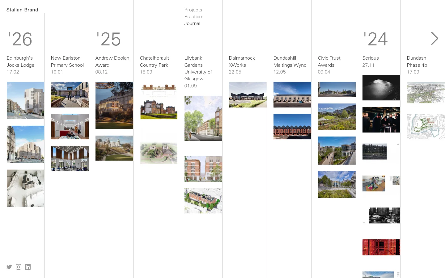 The desktop Journal page features a minimalist white layout with a horizontal scrolling grid of architectural projects organized by year. Large grey year headings like '26, '25, and '24 separate columns of project titles, dates, and rectangular preview images. A navigation menu at the top includes links for Projects, Practice, and Journal.