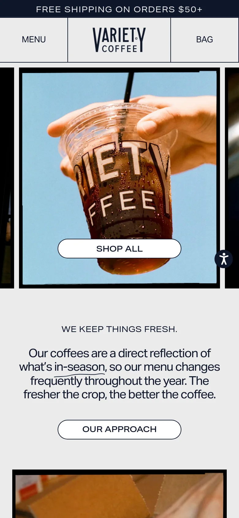 Variety Coffee mobile homepage with a centered logo, hamburger menu, and bag icon. The content reflows into a single-column stacked layout, featuring large hero imagery followed by text-heavy sections for seasonal coffee updates and subscription details.