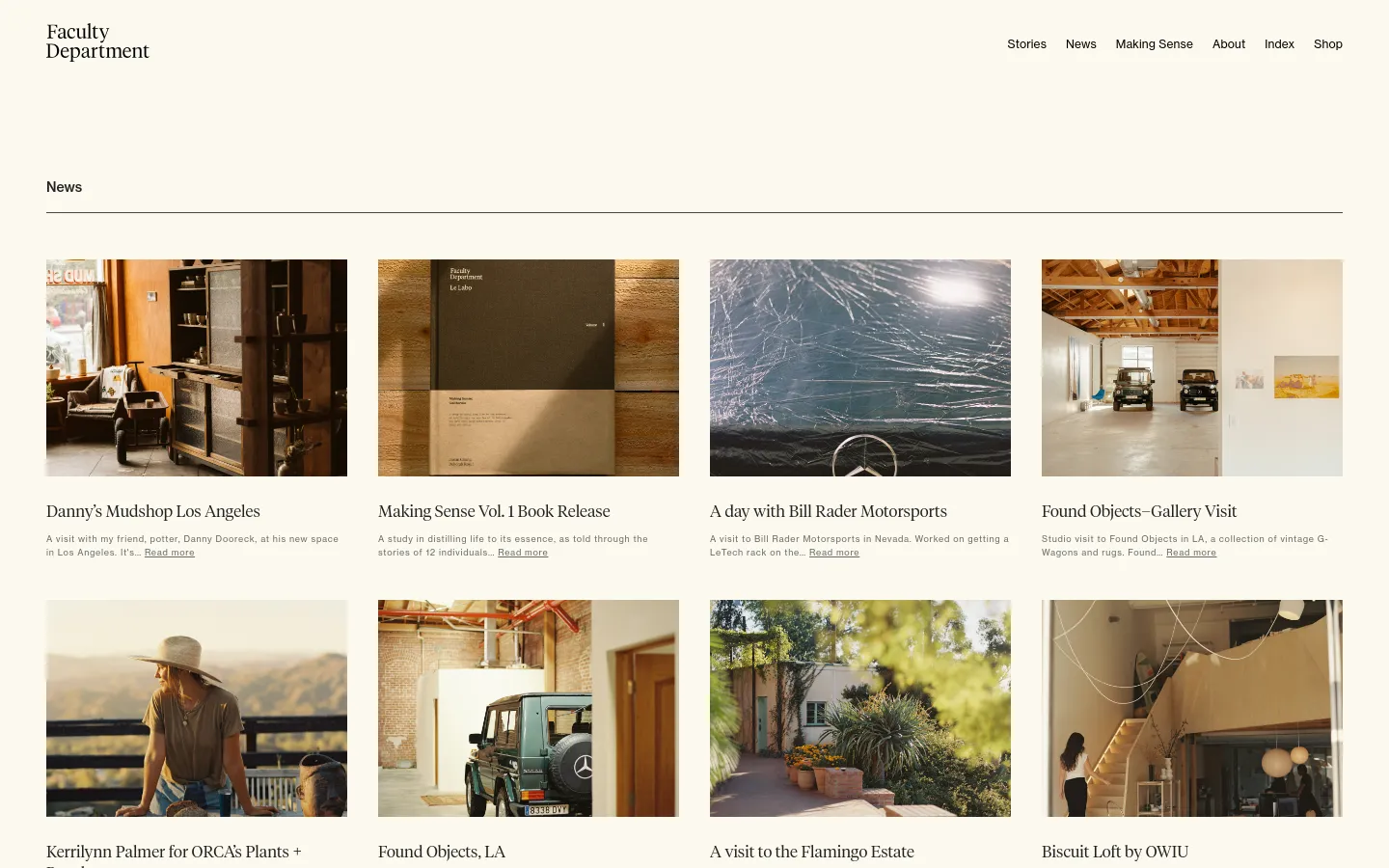 The News page features a clean, minimalist layout with a cream background and black serif typography. A grid of news articles displays large rectangular images above their respective headlines and short text excerpts. The desktop view shows a multi-column grid of articles, including stories about Danny's Mudshop and Making Sense Vol. 1.