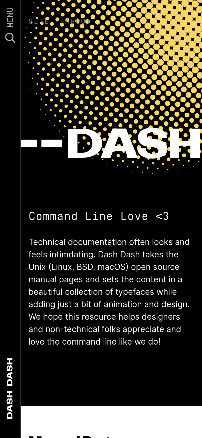 The mobile version maintains the dark theme and bold typography but reflows the layout into a single vertical column. The large halftone graphic and 'DASH DASH' text are scaled down to fit the narrower screen, and the navigation elements are repositioned to accommodate a vertical scrolling experience.