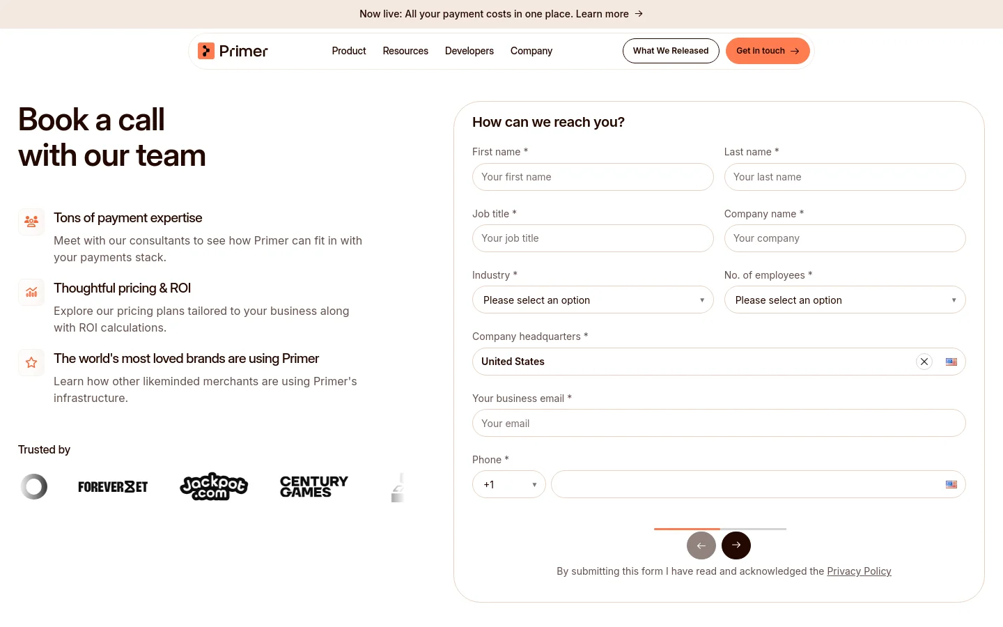 The desktop page features a split layout with a large headline 'Book a call with our team' on the left and a contact form on the right. Below the main section, three feature points with icons and a 'Trusted by' logo grid are displayed against a clean white background. The navigation bar at the top includes links for Product, Resources, Developers, and Company, alongside 'What Released' and 'Get in touch' buttons.