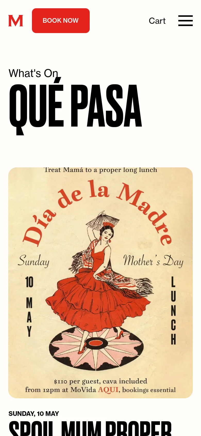 The mobile version simplifies the layout, centering the 'What's On' title and the large 'QUÉ PASA' headline. The navigation is condensed into a hamburger menu next to a red 'BOOK NOW' button and a 'Cart' link. The Mother's Day event illustration remains prominent, filling the width of the screen.