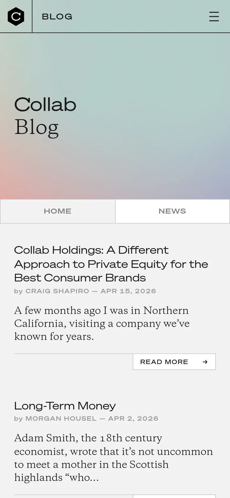 The mobile version presents a condensed view of the Collab Blog, featuring the same colorful gradient hero section and title, but with a hamburger menu icon in the top right for navigation. The blog post list follows, with headlines and excerpts stacked vertically, optimized for a narrow screen width.