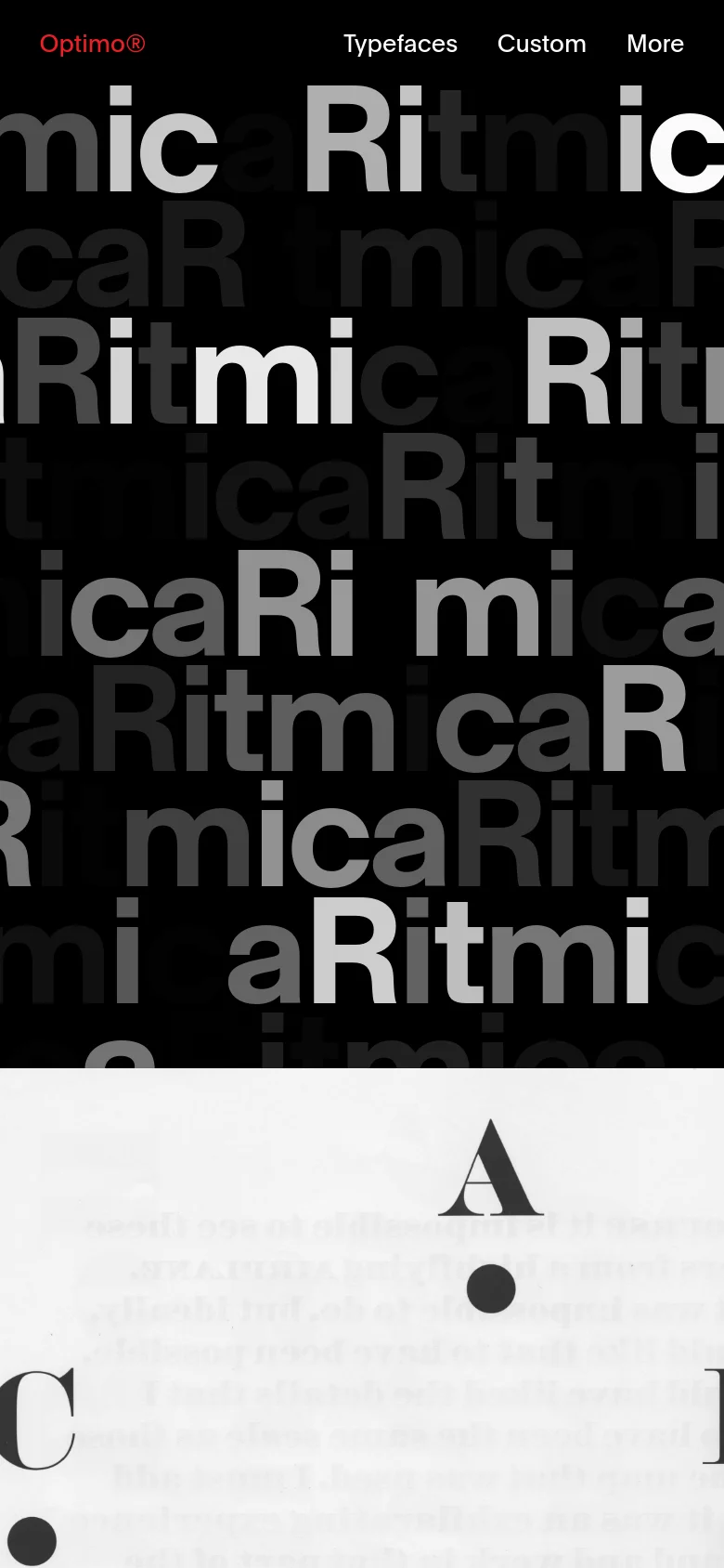 The mobile version maintains the dark theme and large, overlapping typographic patterns but uses a simplified vertical layout. The navigation menu is condensed, and the typography is scaled to fit the narrower screen width, emphasizing the typeface's character shapes.