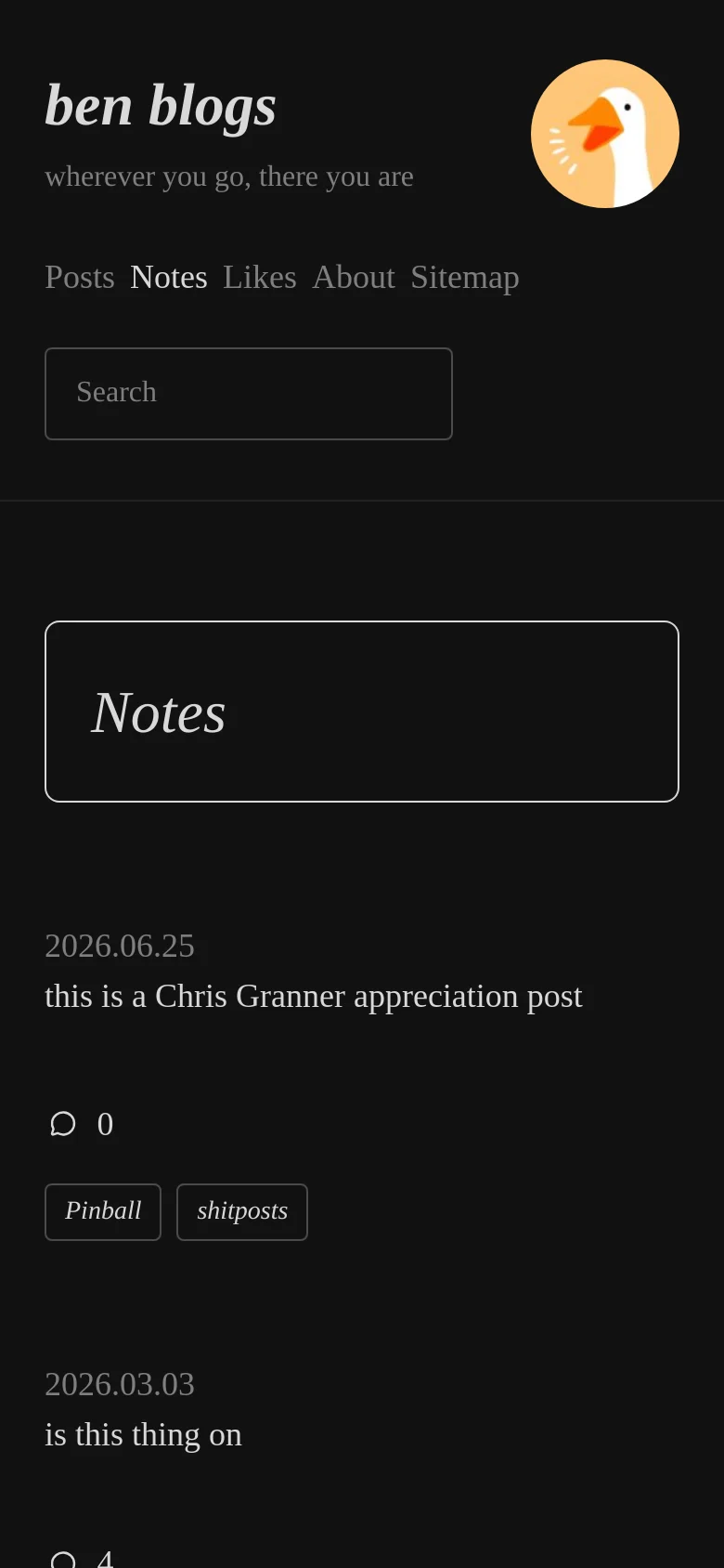 The mobile version maintains the dark minimalist aesthetic but reflows the layout for a narrow screen. The header elements, including the duck icon and navigation links, are stacked vertically above the search bar. The 'Notes' heading and subsequent blog entries are centered or full-width to accommodate the smaller viewport.