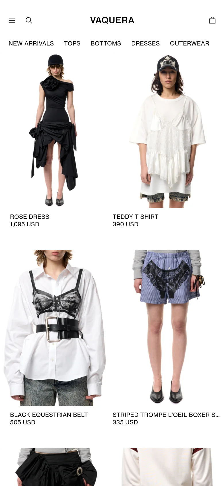 The mobile version maintains the minimalist aesthetic but uses a condensed layout with a hamburger menu icon and a search icon at the top. The product images are stacked vertically in a single column, making the fashion photography the primary focus as users scroll through the new collection.