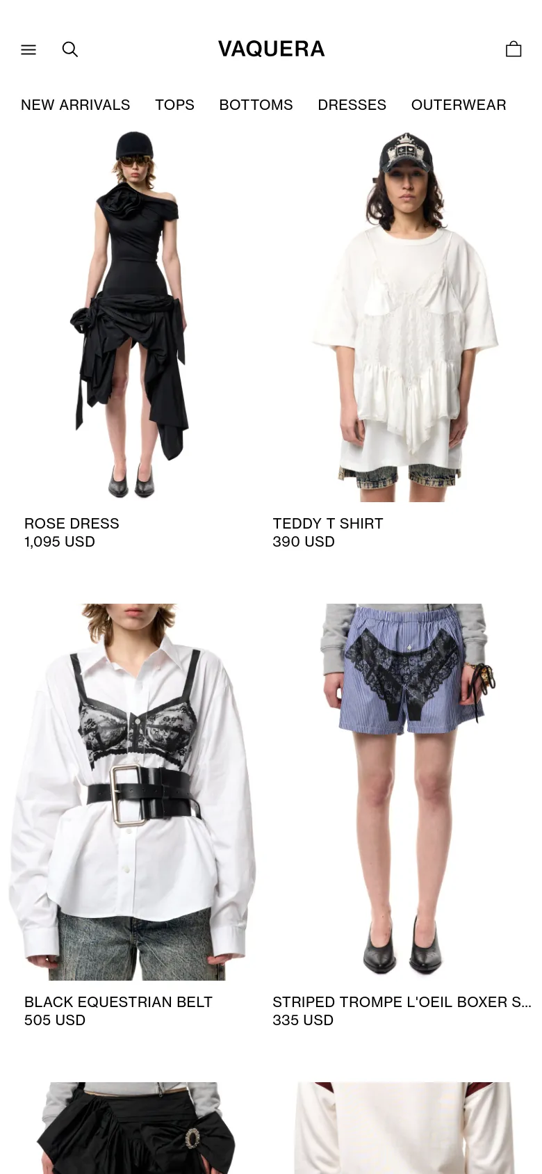 The mobile version maintains the minimalist aesthetic but uses a condensed layout with a hamburger menu icon and a search icon at the top. The product images are stacked vertically in a single column, making the fashion photography the primary focus as users scroll through the new collection.