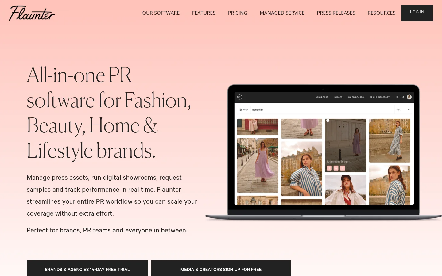 The desktop homepage features a soft pink background with a large serif headline on the left and a laptop displaying the Flaunter software interface on the right. Below the hero section, two dark rectangular buttons offer different sign-up options for brands or media. A navigation bar at the top includes links for software, features, pricing, and a log-in button.