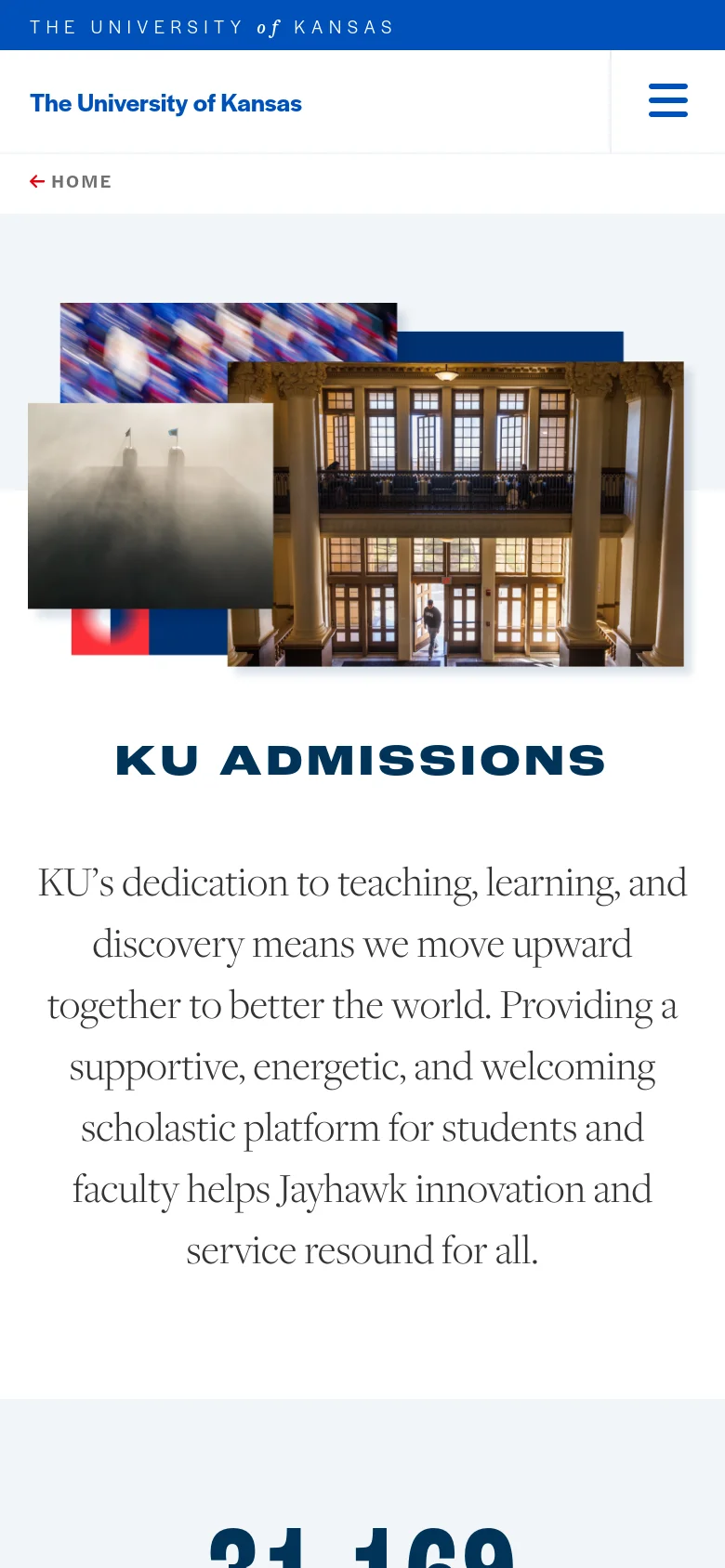 The mobile version presents a vertically stacked layout, starting with a condensed version of the hero image collage and the 'KU Admissions' headline. The navigation is simplified into a hamburger menu at the top right, and the content sections for student types and enrollment stats are scaled for vertical scrolling on a narrow screen.