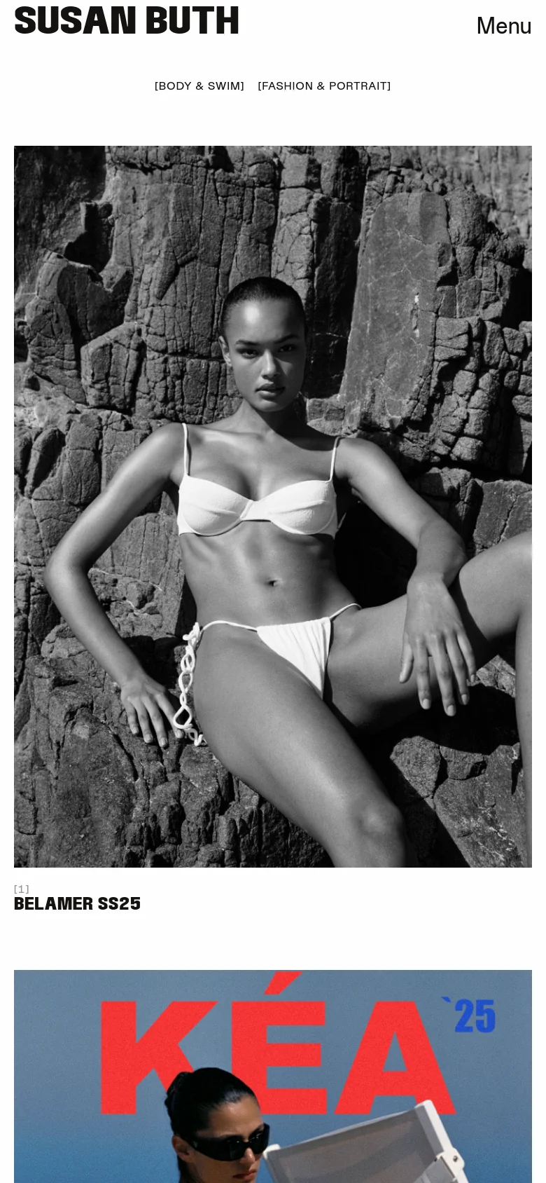 The mobile version presents a simplified vertical layout with the name 'SUSAN BUTH' and a 'Menu' button at the top. The photography projects are stacked in a single-column format, showing large, full-width images with their respective titles underneath, such as the black-and-white bikini portrait and the 'BELAMER SS25' heading.