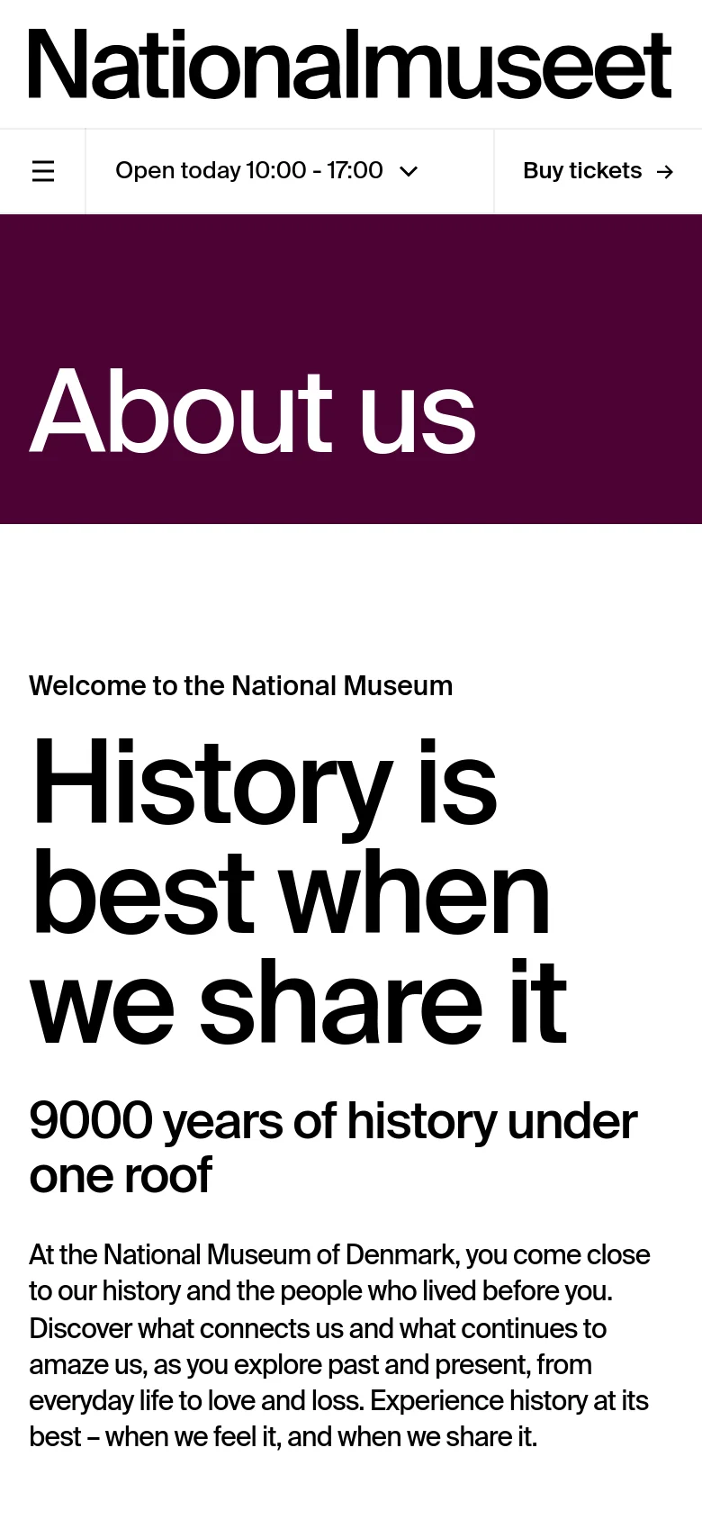 The mobile version maintains the deep purple hero section with the 'About us' title but uses a more compact layout. The navigation bar is condensed, featuring a hamburger menu icon, opening hours, and a prominent 'Buy tickets' call to action button. Content flows vertically, prioritizing text readability on a smaller screen.