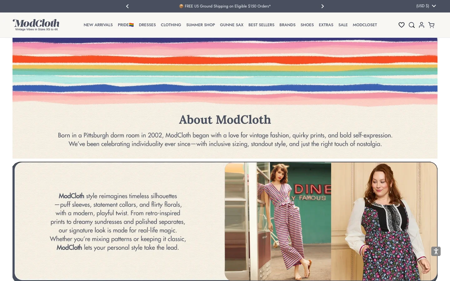 The About ModCloth desktop page features a colorful, horizontal rainbow stripe header above a large headline and introductory text. Below, a wide section displays brand philosophy text alongside high-quality lifestyle photography of models in vintage-inspired clothing. The layout is clean with a white background and a navigation menu at the top.