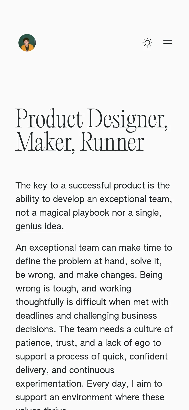 The mobile version maintains the minimalist white aesthetic and large serif headline. The top navigation is condensed, replacing text links with a hamburger menu icon alongside the avatar and theme toggle icon.