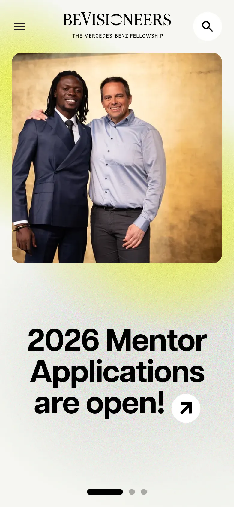 beVisioneers mobile homepage with a stacked layout. The hero section features a large portrait image above the bold headline 2026 Mentor Applications are open, set against a textured lime green and pale background.