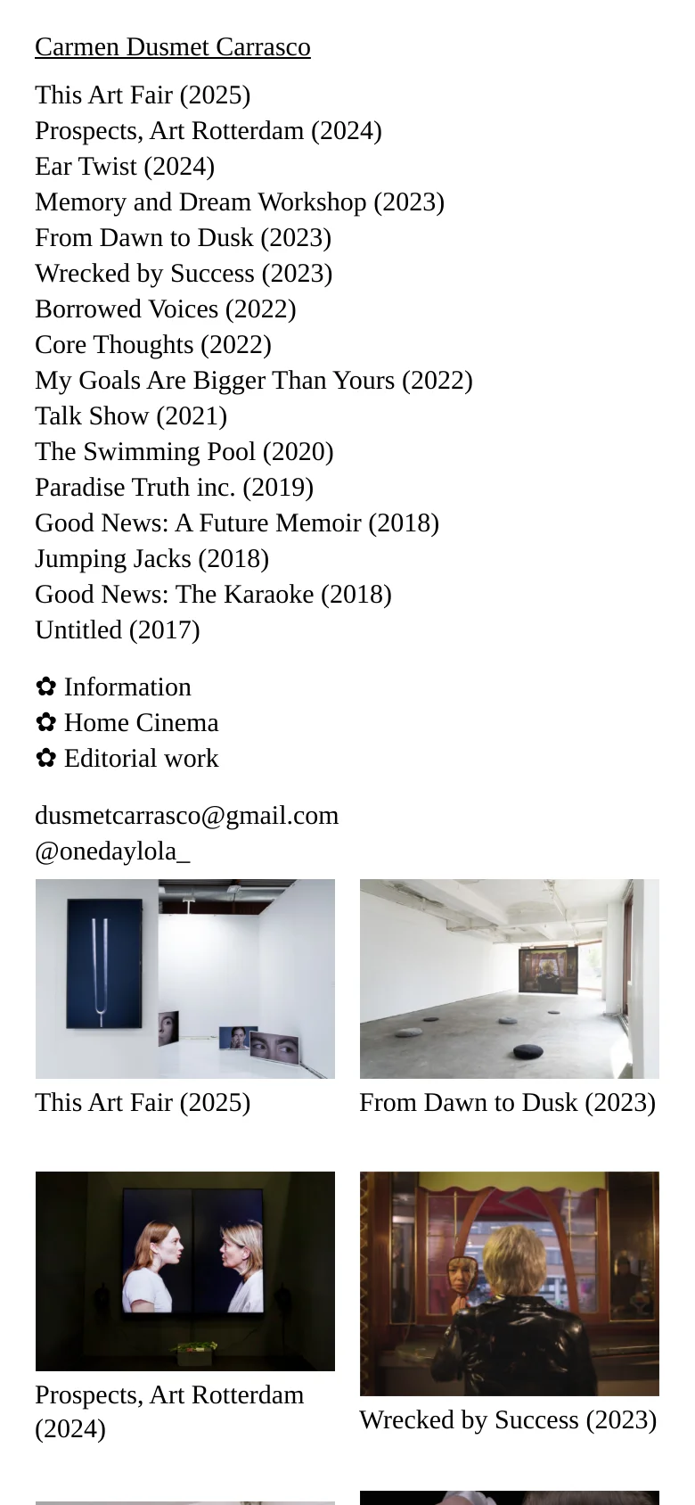 The mobile version presents a simplified vertical layout with the artist's name at the top. The navigation menu is presented as a long list of text links, followed by a single-column scroll of large project images and their corresponding titles.