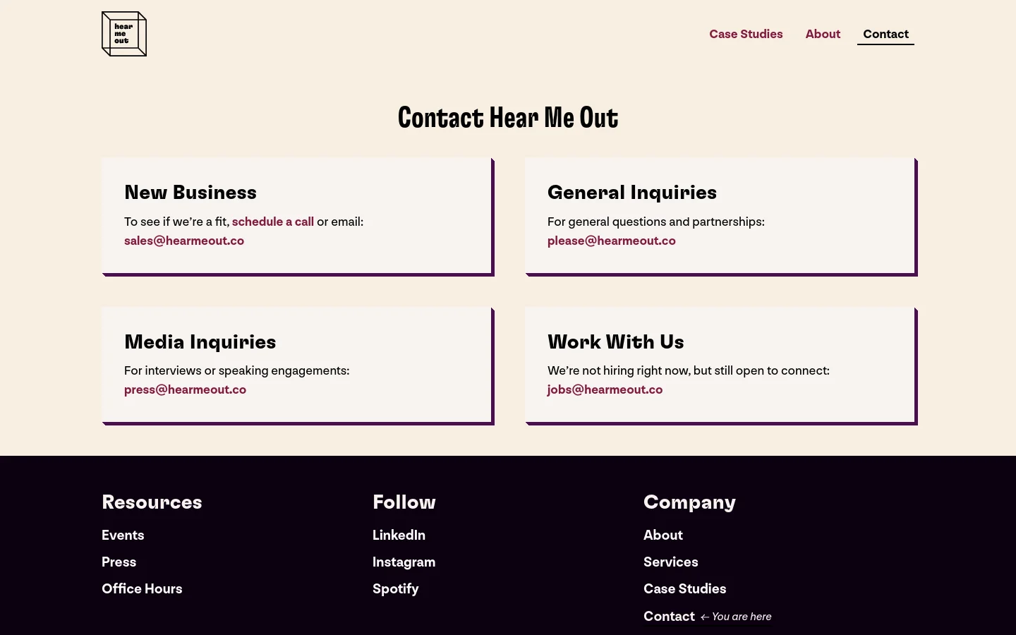 The Contact page features a cream background with a large 'Contact Hear Me Out' headline. Four contact categories—New Business, General Inquiries, Media Inquiries, and Work With Us—are arranged in a two-by-two grid of light pink cards with dark purple borders. A black footer at the bottom contains site navigation links under Resources, Follow, and Company headings.