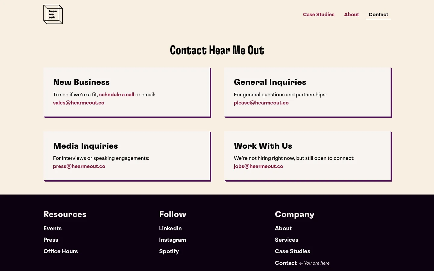 The Contact page features a cream background with a large 'Contact Hear Me Out' headline. Four contact categories—New Business, General Inquiries, Media Inquiries, and Work With Us—are arranged in a two-by-two grid of light pink cards with dark purple borders. A black footer at the bottom contains site navigation links under Resources, Follow, and Company headings.