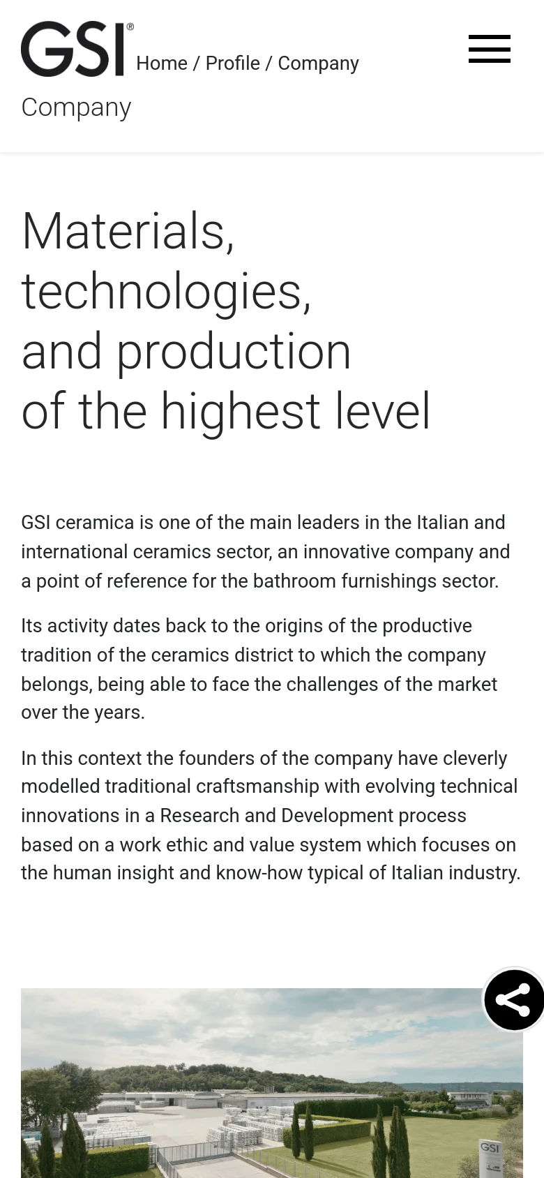 The mobile version simplifies the layout with a condensed header containing the GSI logo, breadcrumb navigation, and a hamburger menu icon on the right. The large headline and descriptive text are stacked vertically above a full-width landscape photograph of the company's industrial site.