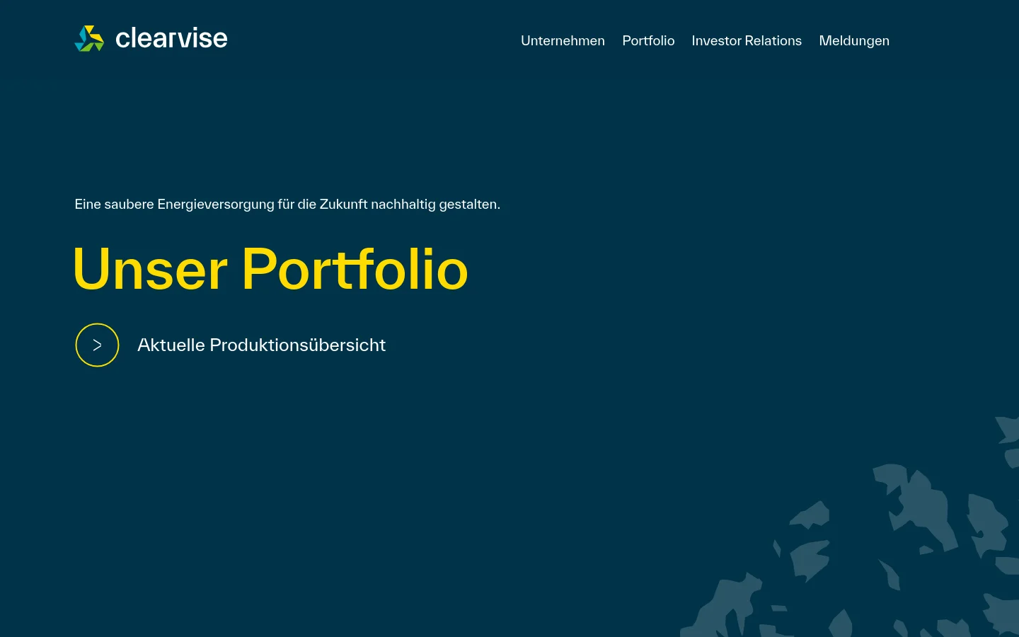 The desktop portfolio page features a dark teal background with a large yellow headline reading 'Unser Portfolio' and a subheadline about sustainable energy. A primary call to action button with a yellow arrow icon links to a production overview, and a stylized map graphic is visible in the bottom right corner.