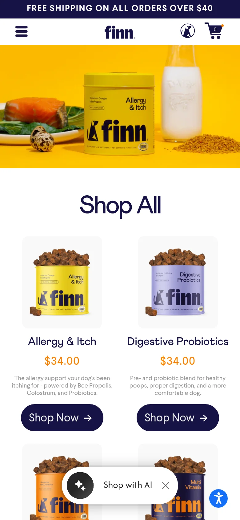 The mobile version presents a vertically stacked layout optimized for small screens. The yellow hero banner and 'Shop All' headline appear at the top, followed by product cards that are centered and narrower than the desktop version. The navigation bar is condensed into a hamburger menu, the Finn logo, and icons for a profile and shopping cart.