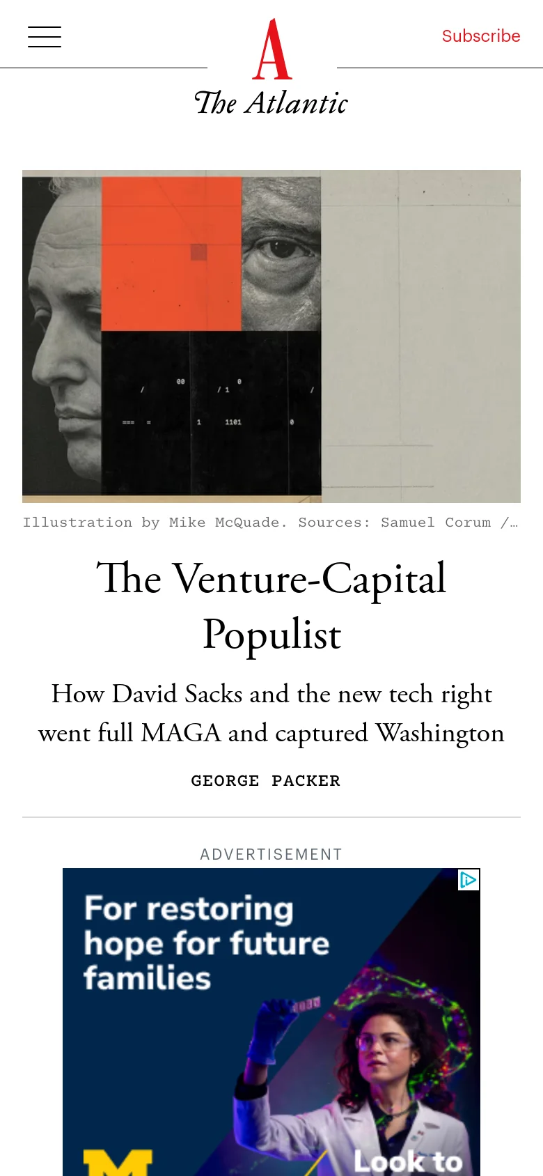 The mobile version of The Atlantic homepage presents a vertically stacked layout, beginning with a large hero illustration and the main headline. The navigation is condensed into a hamburger menu and search icon at the top, with a prominent red 'Subscribe' button. Content is streamlined for vertical scrolling, focusing on single-column article previews.