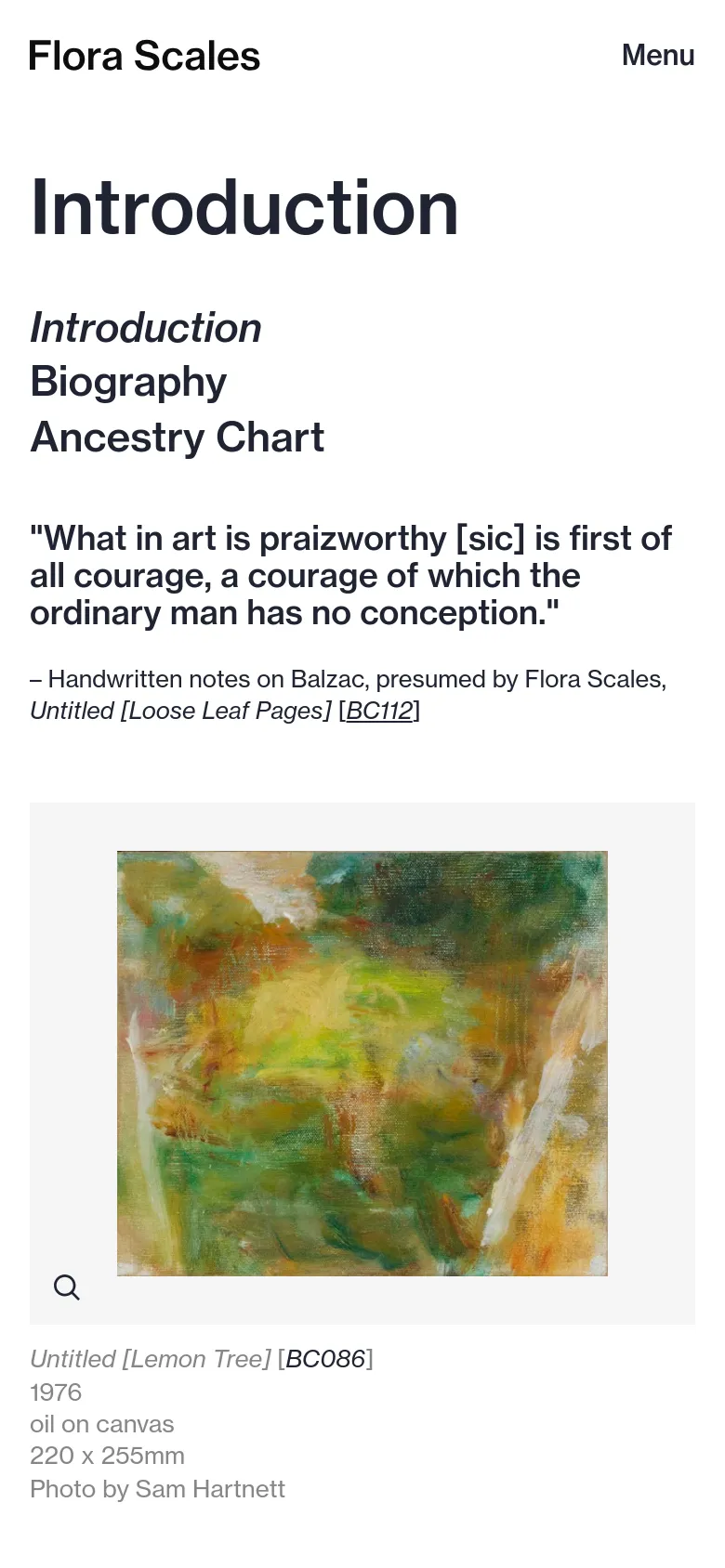The mobile version simplifies the layout into a single column with a large 'Flora Scales' header and a 'Menu' button in the top right. The 'Introduction' headline and quote are stacked vertically above the abstract painting, and the left-hand sidebar navigation is removed to prioritize vertical scrolling.