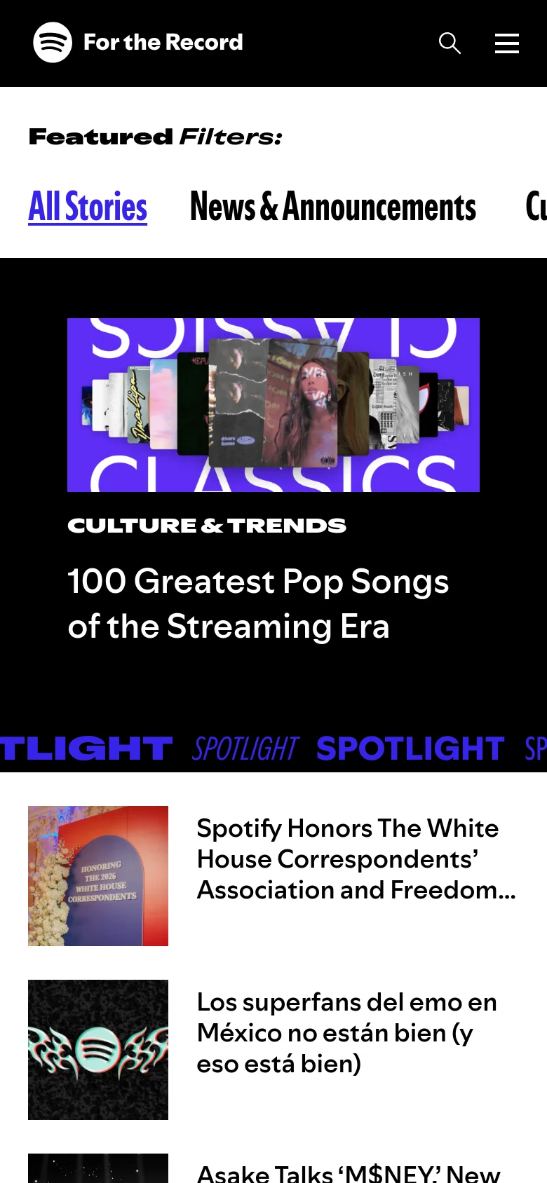 The mobile version presents a vertically stacked layout on a black background, starting with the Spotify logo and a search icon. The featured filter menu is displayed as a horizontal scrolling list of text links. The main content features a large, full-width hero image for the top article, followed by a single-column list of article cards with images on the left and headlines on the right.